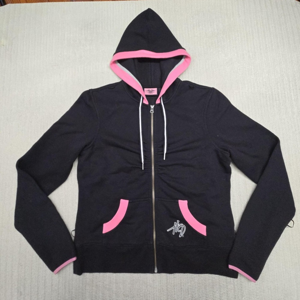 Harley-Davidson Hoodie Womens Large Black Pink Full Zip Fleece Logo Motorcycles